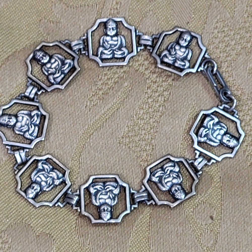 Rare Vintage Framed Buddha Sterling Silver Link Bracelet
